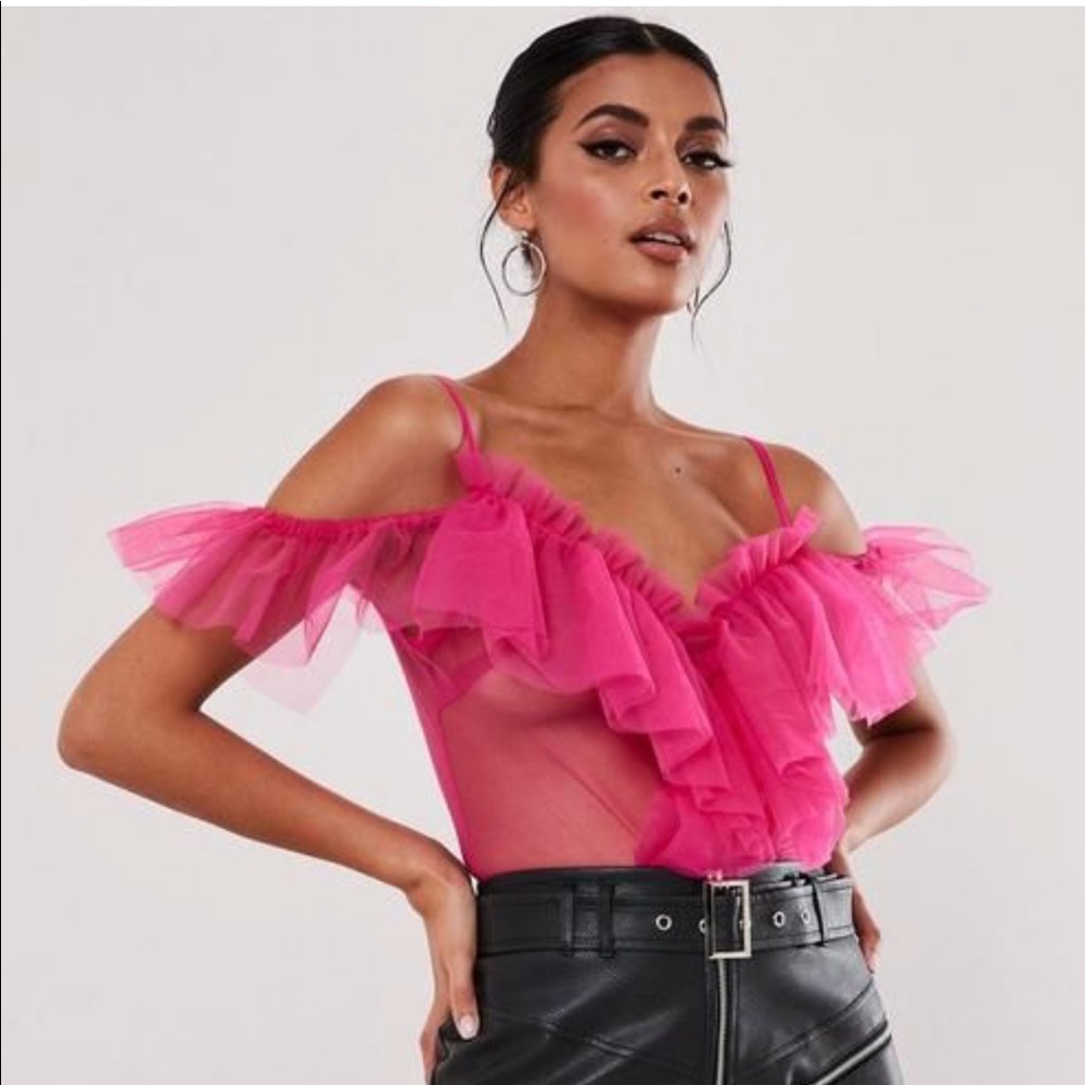 Hot Pink Tulle Ruffle Bodysuit